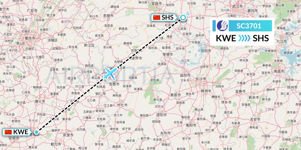 SC3701 Shandong Airlines Flight Map: Guiyang to Shashi