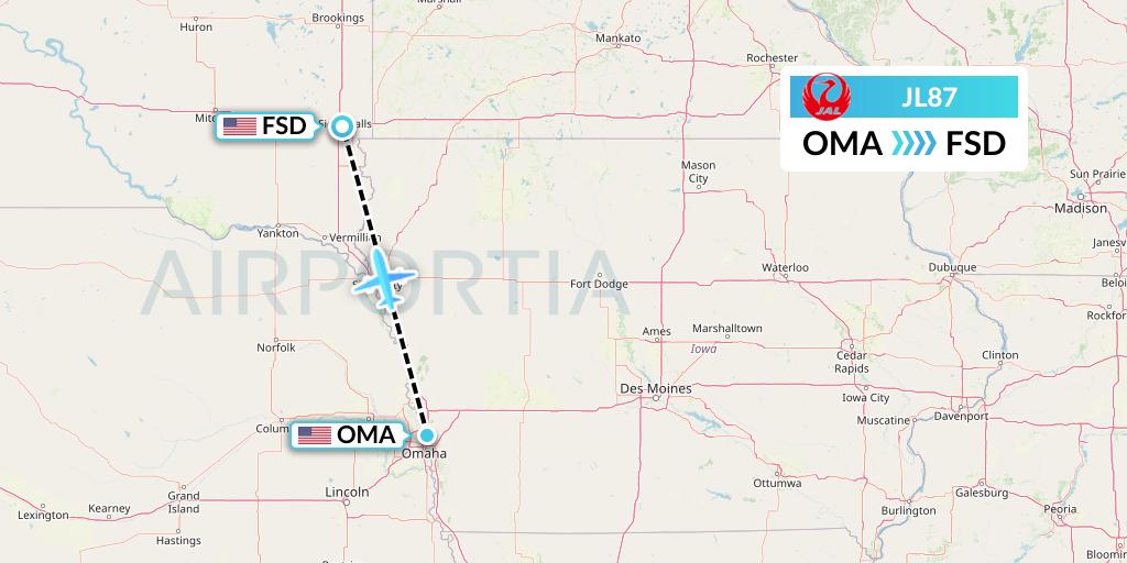 JL87 Japan Airlines Flight Map: Omaha to Sioux Falls