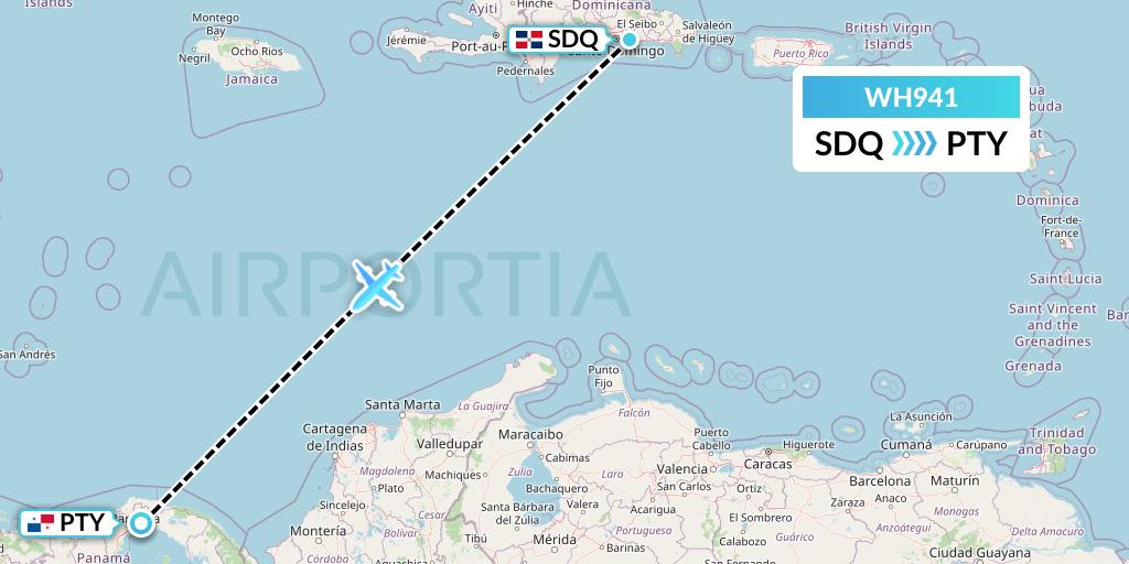 WH941 West African Airlines Flight Map: Santo Domingo to Panama City
