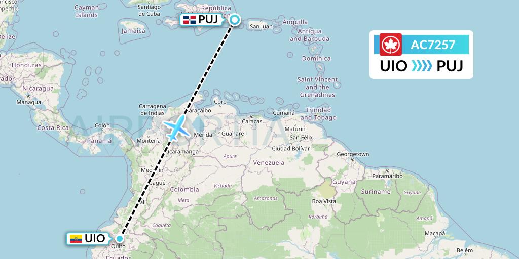 AC7257 Air Canada Flight Map: Quito to Punta Cana