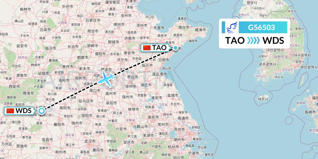 G56503 China Express Airlines Flight Map: Qingdao to Shiyan