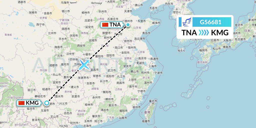 G56681 China Express Airlines Flight Map: Jinan to Kunming