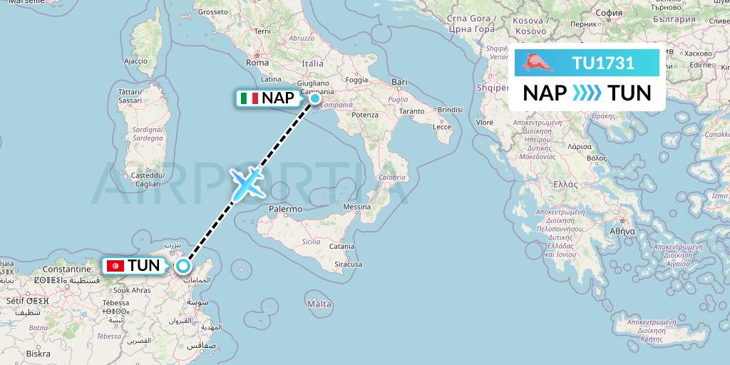 TU1731 Tunisair Flight Map: Naples to Tunis