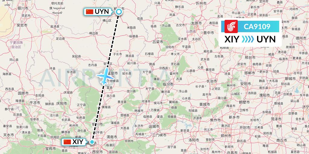 CA9109 Air China Flight Map: Xi'an to Yulin