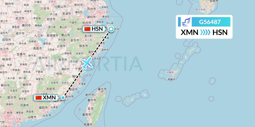 G56487 China Express Airlines Flight Map: Xiamen to Zhoushan