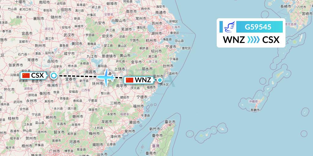 G59545 China Express Airlines Flight Map: Wenzhou to Changsha
