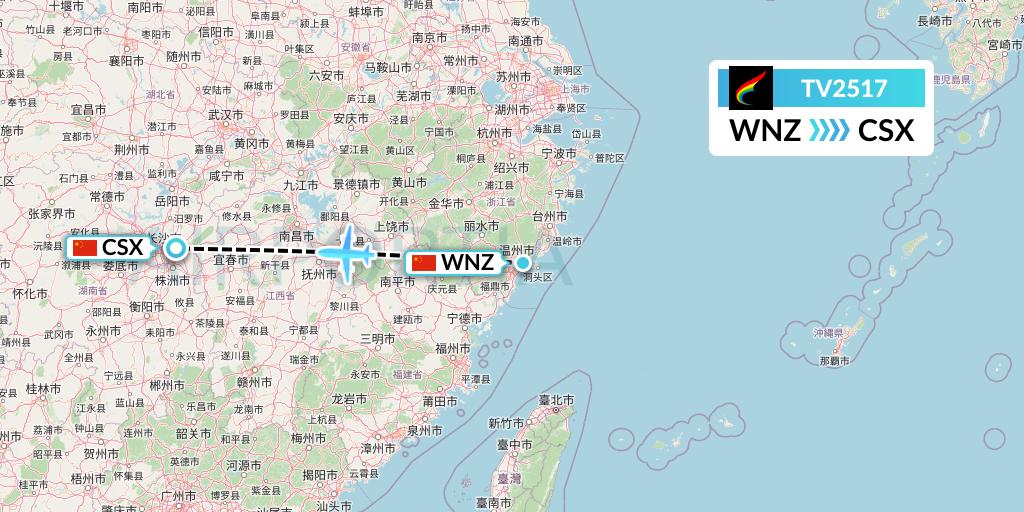 TV2517 Tibet Airlines Flight Map: Wenzhou to Changsha