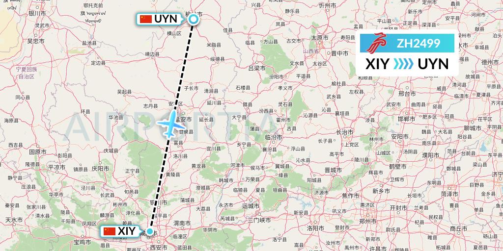 ZH2499 Shenzhen Airlines Flight Map: Xi'an to Yulin