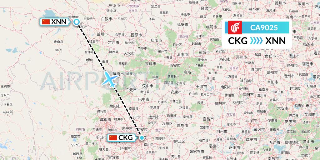 CA9025 Air China Flight Map: Chongqing to Xining