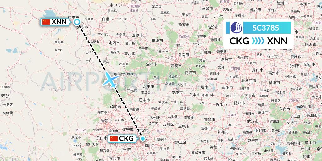 SC3785 Shandong Airlines Flight Map: Chongqing to Xining