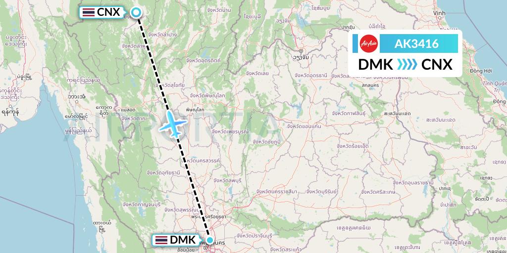 AK3416 AirAsia Flight Map: Bangkok to Chiang Mai