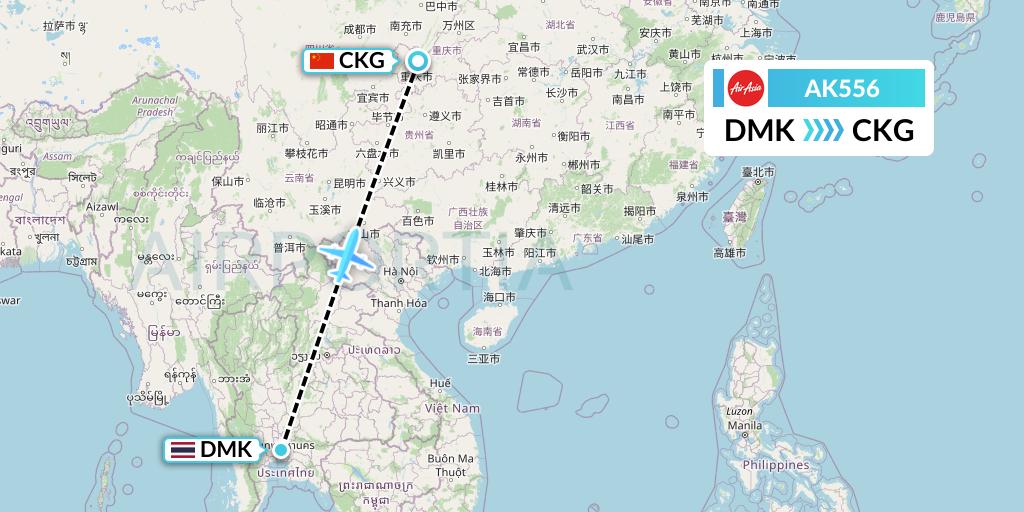 AK556 AirAsia Flight Map: Bangkok to Chongqing