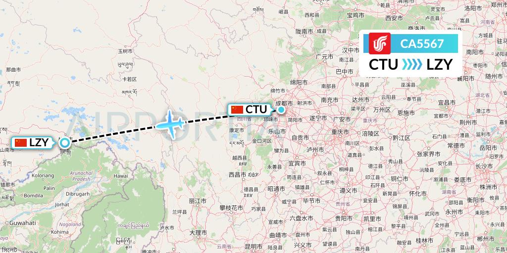 CA5567 Air China Flight Map: Chengdu to Nyingchi