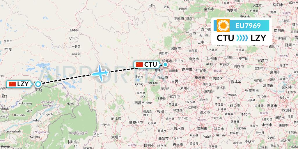 EU7969 Chengdu Airlines Flight Map: Chengdu to Nyingchi