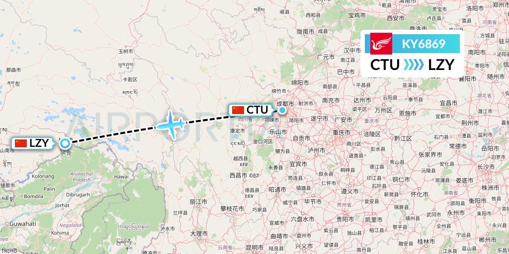KY6869 Kunming Airlines Flight Map: Chengdu to Nyingchi
