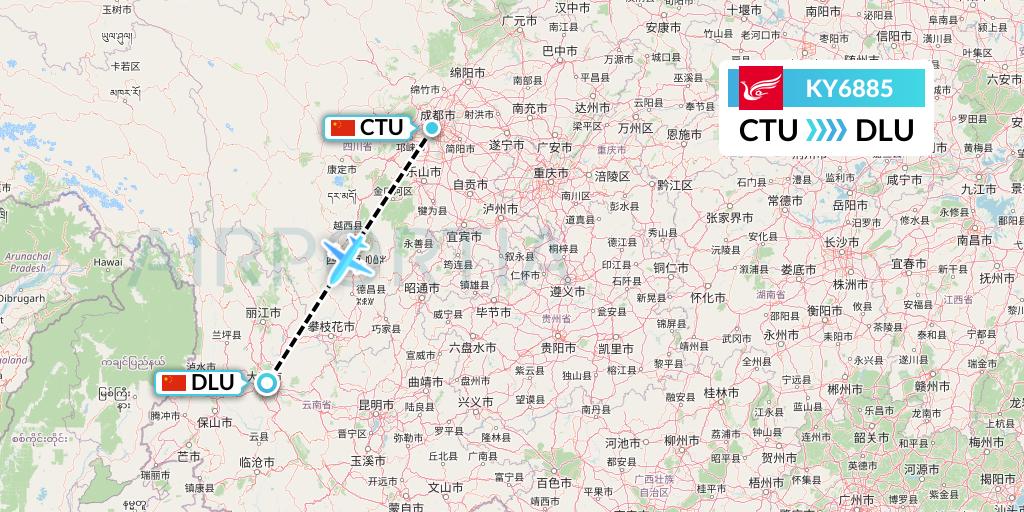 KY6885 Kunming Airlines Flight Map: Chengdu to Dali