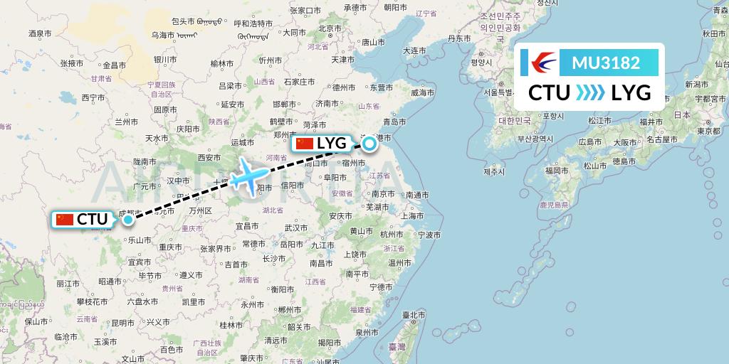 MU3182 China Eastern Airlines Flight Map: Chengdu to Lianyungang