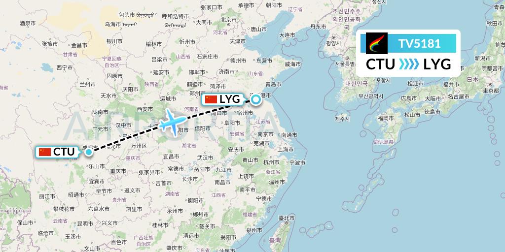 TV5181 Tibet Airlines Flight Map: Chengdu to Lianyungang