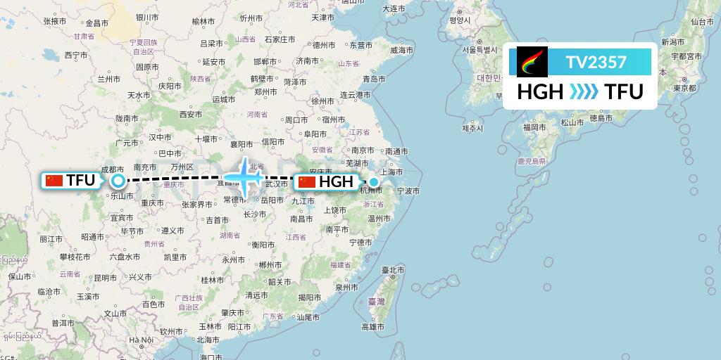 TV2357 Tibet Airlines Flight Map: Hangzhou to Chengdu