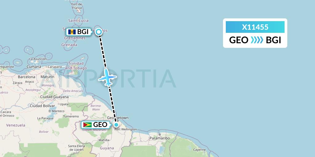 X11455 Nik Airways Flight Map: Georgetown to Bridgetown