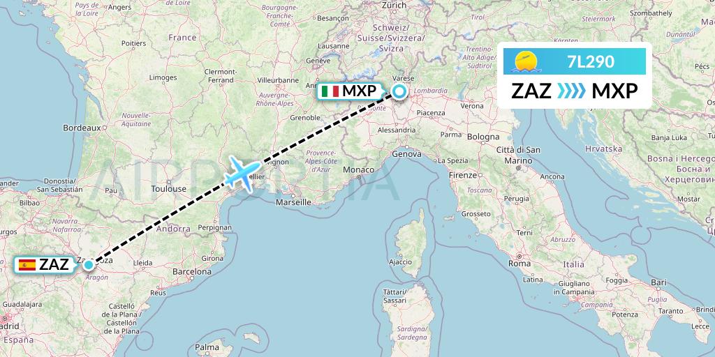7L290 Silk Way West Airlines Flight Map: Zaragoza to Milan