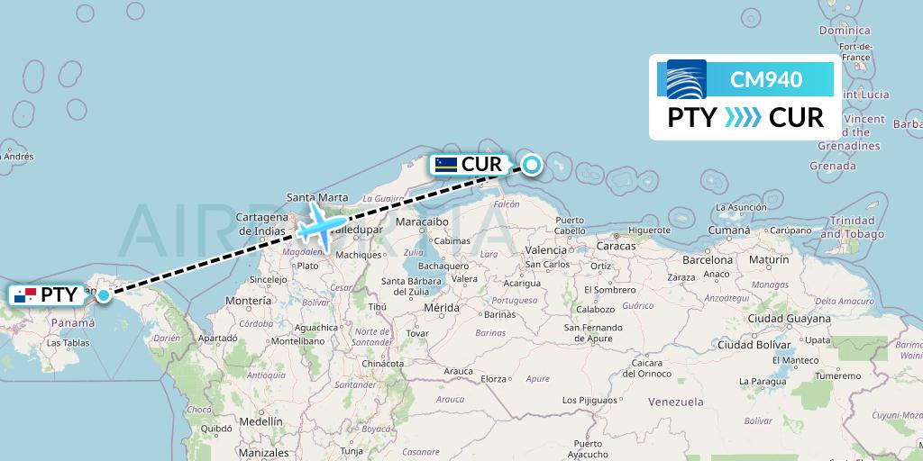 CM940 Copa Airlines Flight Map: Panama City to Willemstad