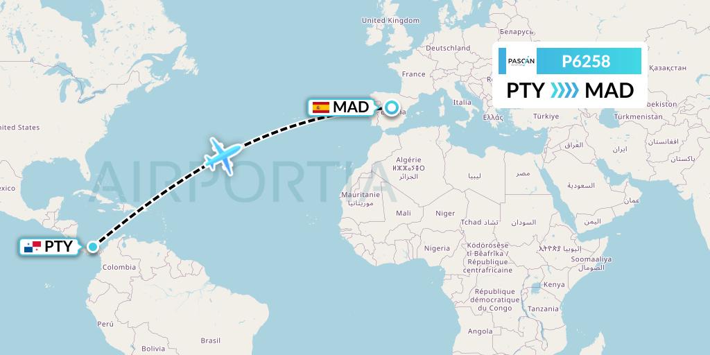 P6258 Pascan Aviation Flight Map: Panama City to Madrid