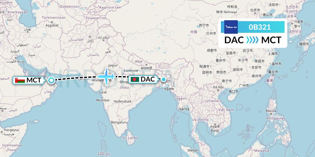 0B321 Blue Air Flight Map: Dhaka to Muscat