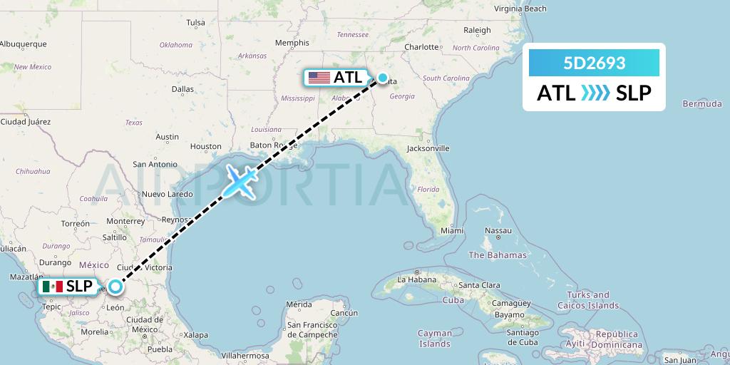 5D2693 Aeromexico Connect Flight Map: Atlanta to San Luis Potosi