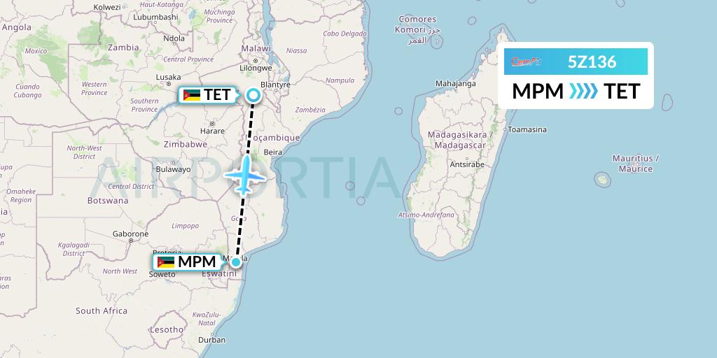 5Z136 CemAir Flight Map: Maputo to Tete