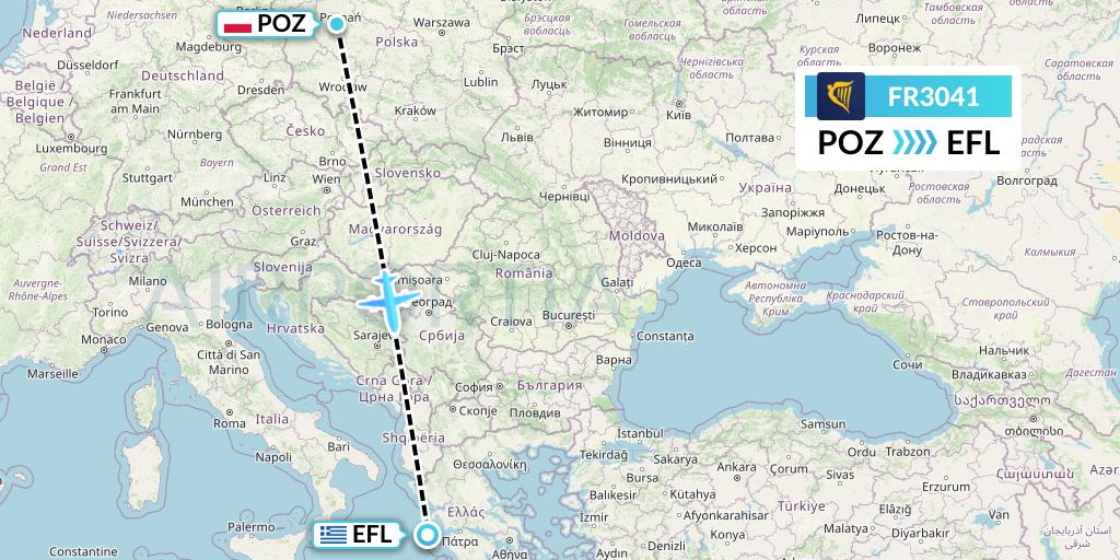 FR3041 Ryanair Flight Map: Poznan to Kefalonia
