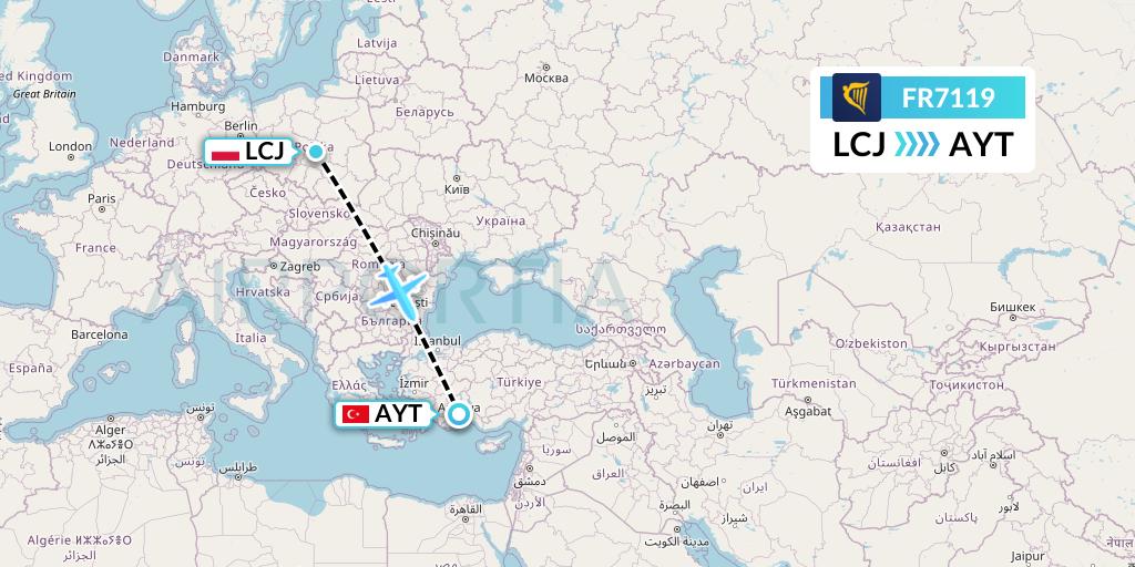 FR7119 Ryanair Flight Map: Lodz to Antalya