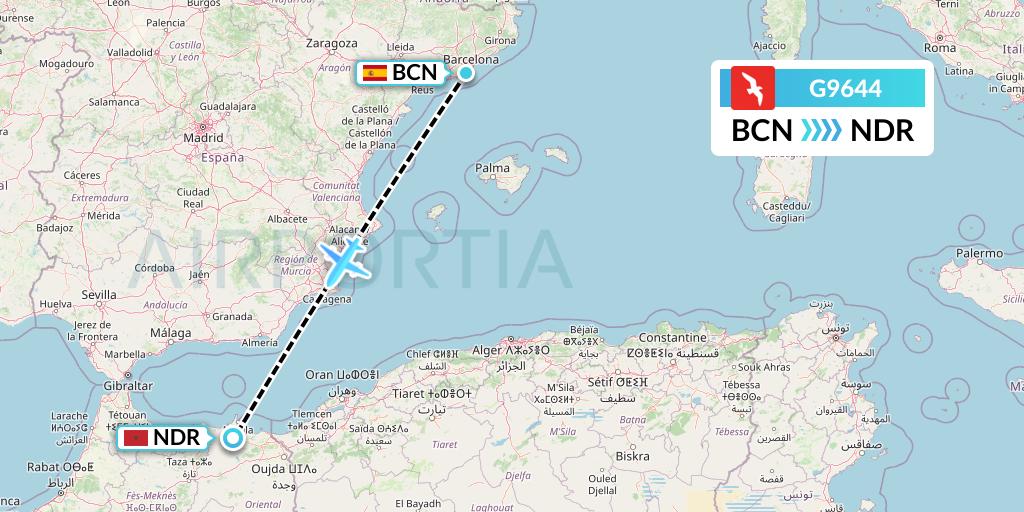 G9644 Air Arabia Flight Map: Barcelona to Nador