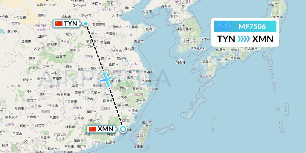 MF7506 Xiamen Airlines Flight Map: Taiyuan to Xiamen