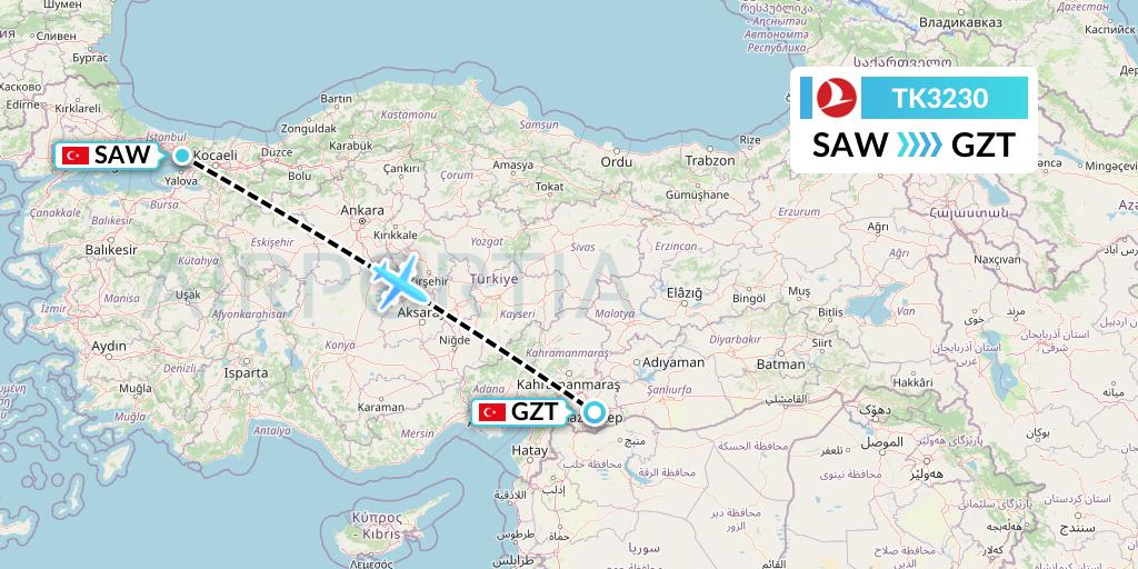 TK3230 Turkish Airlines Flight Map: Istanbul to Gaziantep