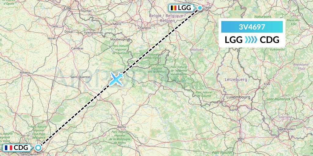 3V4697 ASL Airlines Belgium Flight Map: Liege to Paris