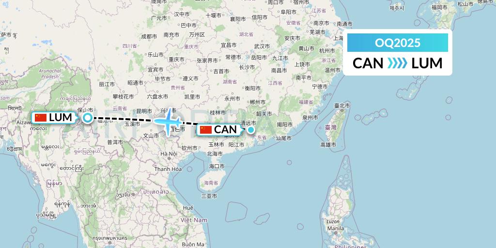 OQ2025 Chongqing Airlines Flight Map: Guangzhou to Mangshi