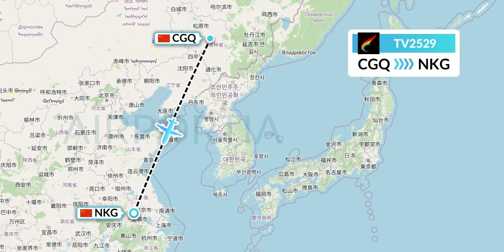 TV2529 Tibet Airlines Flight Map: Changchun to Nanjing