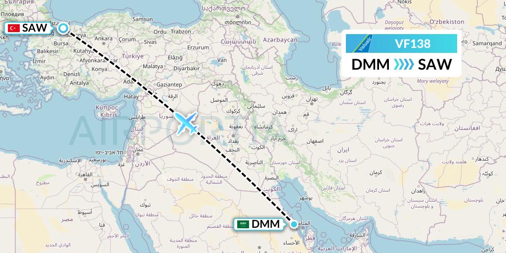 VF138 ValuAir Flight Map: Dammam to Istanbul