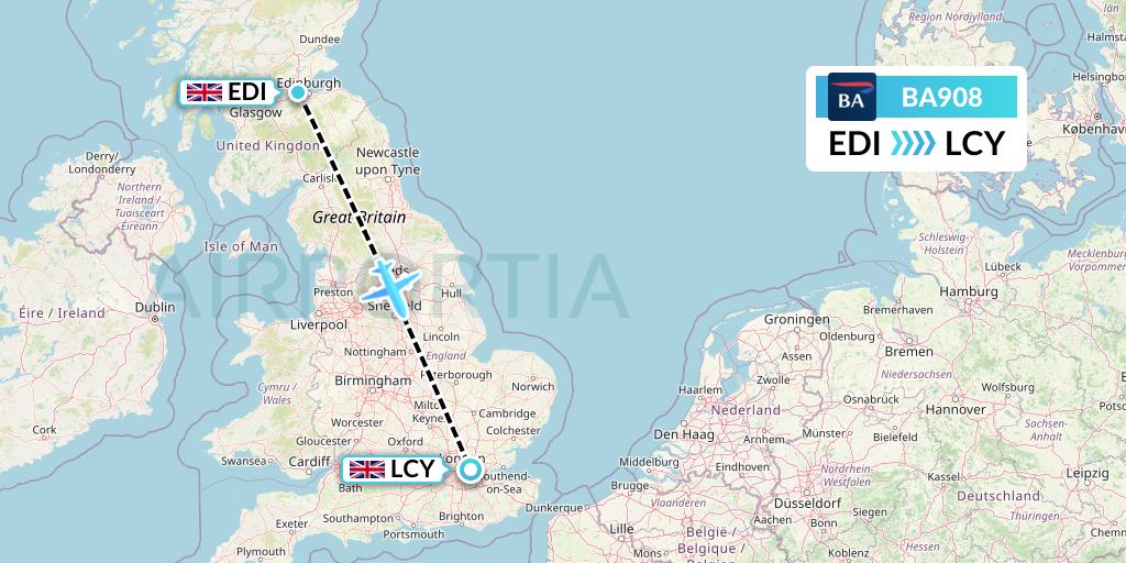 BA908 British Airways Flight Map: Edinburgh to London