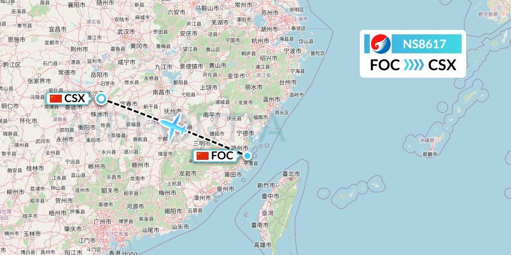 NS8617 Hebei Airlines Flight Map: Fuzhou to Changsha