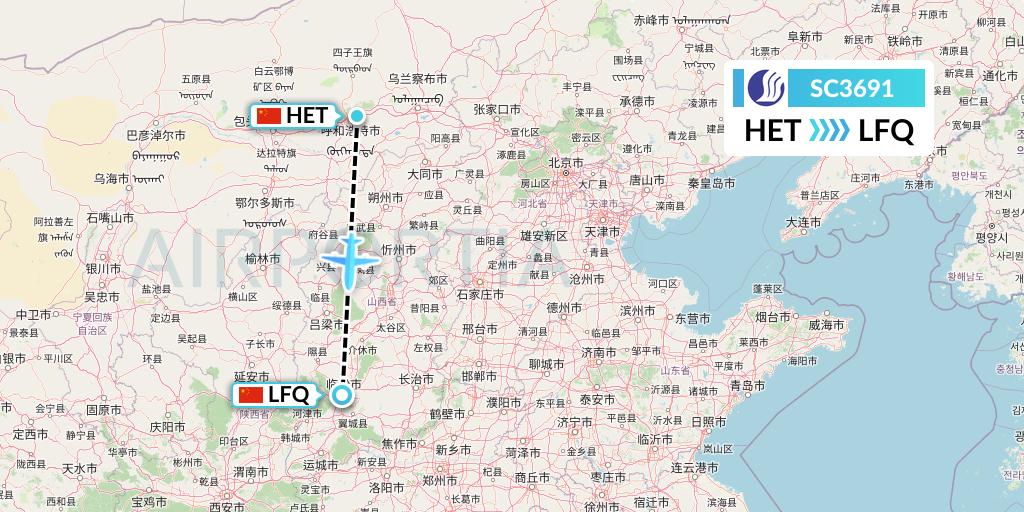 SC3691 Shandong Airlines Flight Map: Hohhot to Yulin