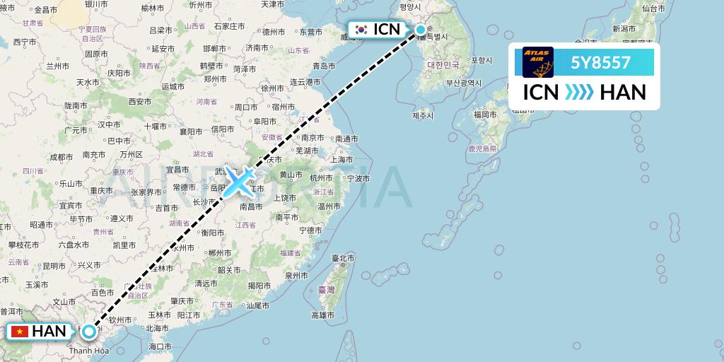5Y8557 Atlas Air Flight Map: Seoul to Hanoi