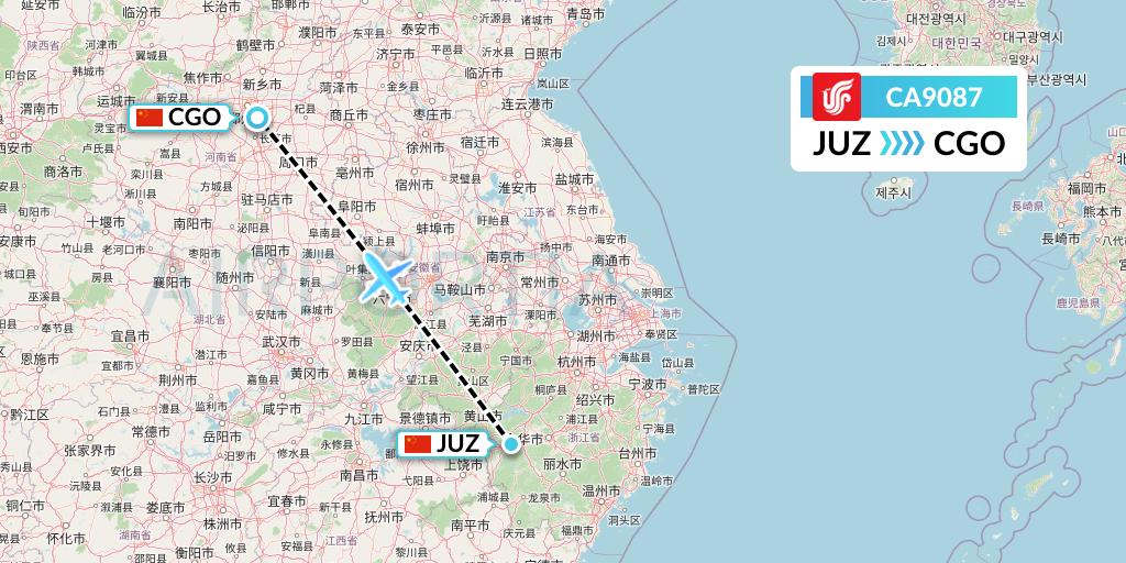 CA9087 Air China Flight Map: Quzhou to Zhengzhou