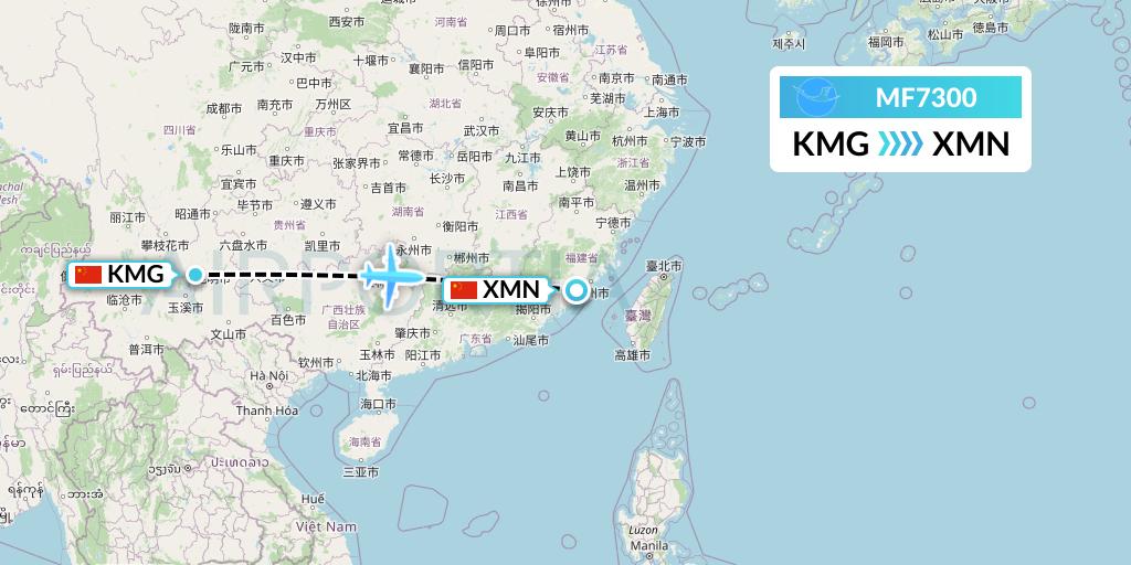 MF7300 Xiamen Airlines Flight Map: Kunming to Xiamen