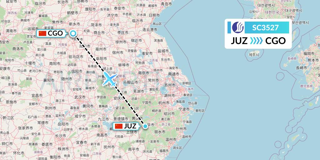 SC3527 Shandong Airlines Flight Map: Quzhou to Zhengzhou
