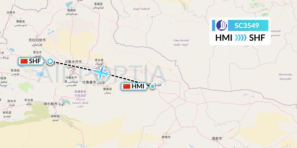 SC3549 Shandong Airlines Flight Map: Hami City to Shihezi