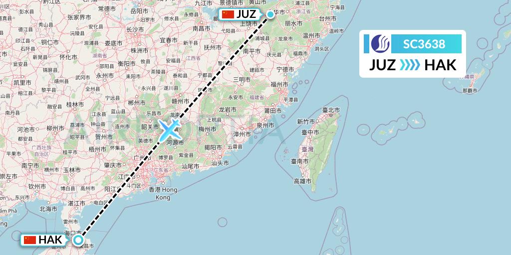 SC3638 Shandong Airlines Flight Map: Quzhou to Haikou
