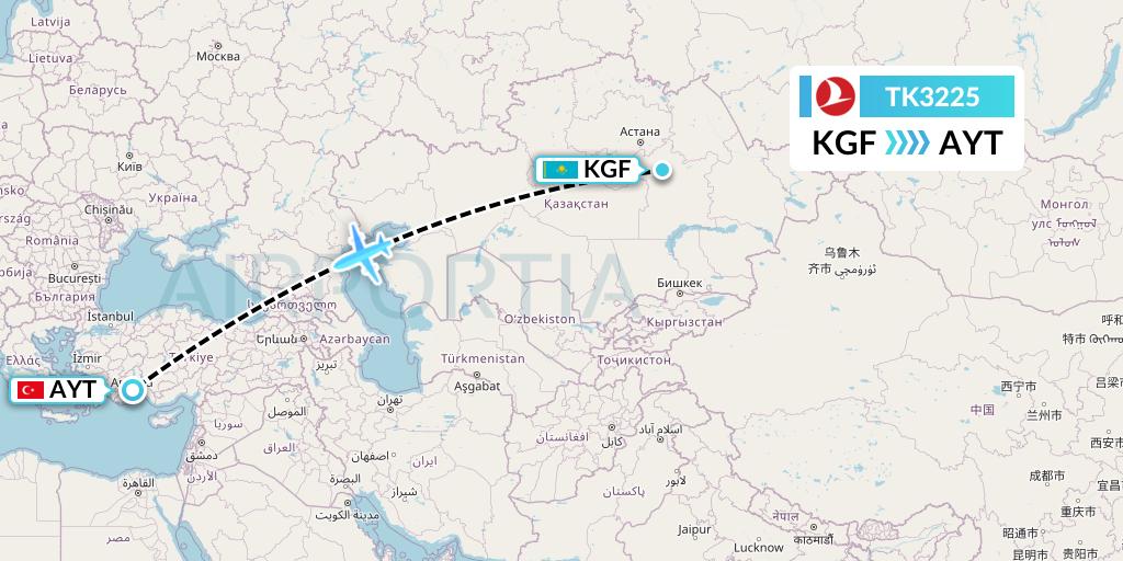 TK3225 Turkish Airlines Flight Map: Karaganda to Antalya
