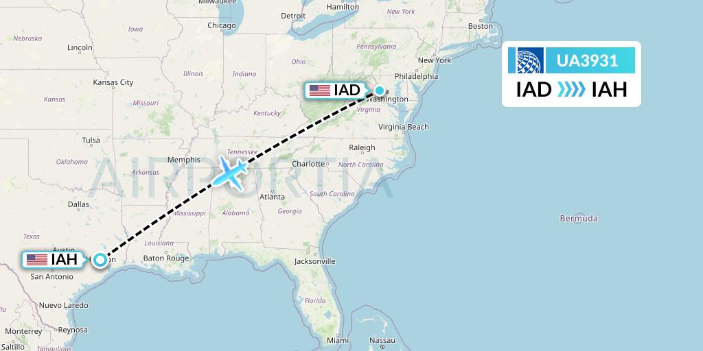 UA3931 United Airlines Flight Map: Washington to Houston